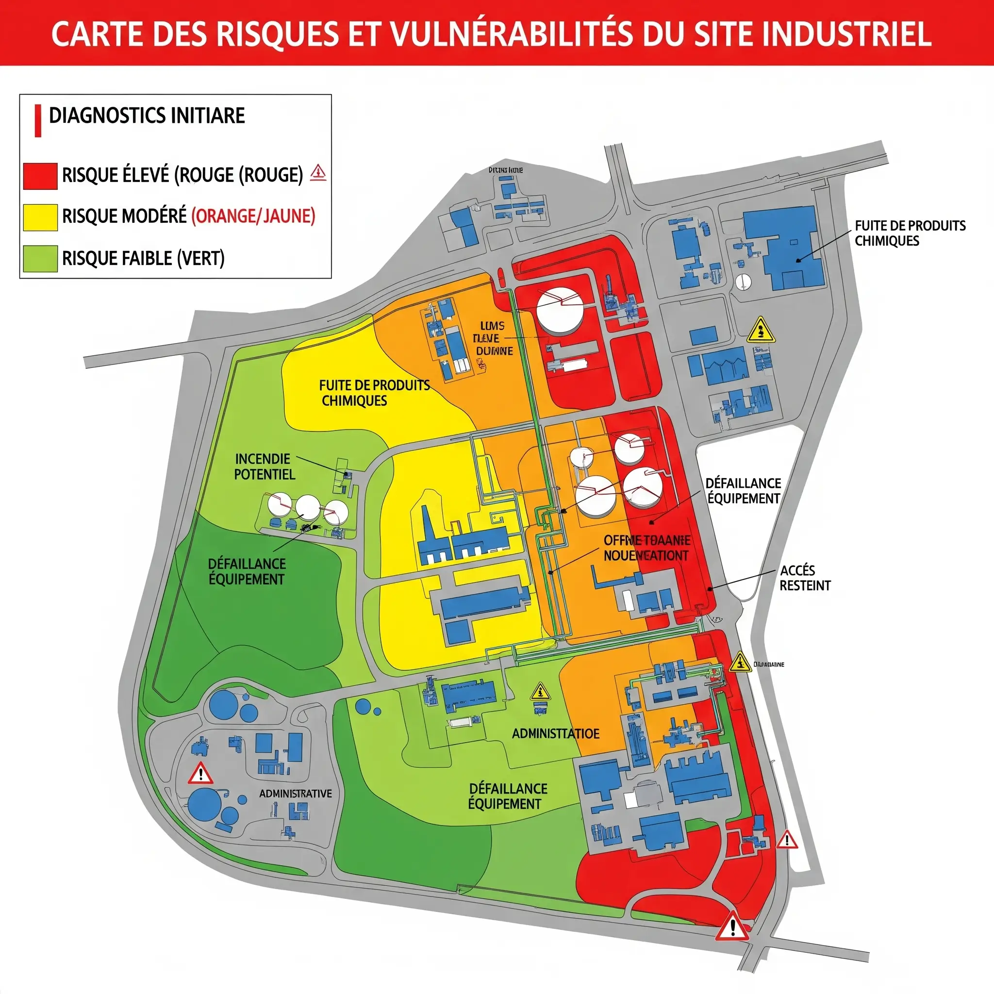 Schéma ou carte des risques avec des zones colorées, représentant le diagnostic initial et l'analyse de vulnérabilités.