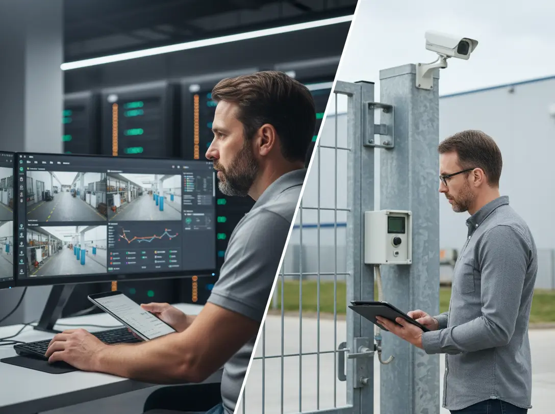 Un centre de contrôle de sécurité avec des écrans de surveillance et un opérateur.