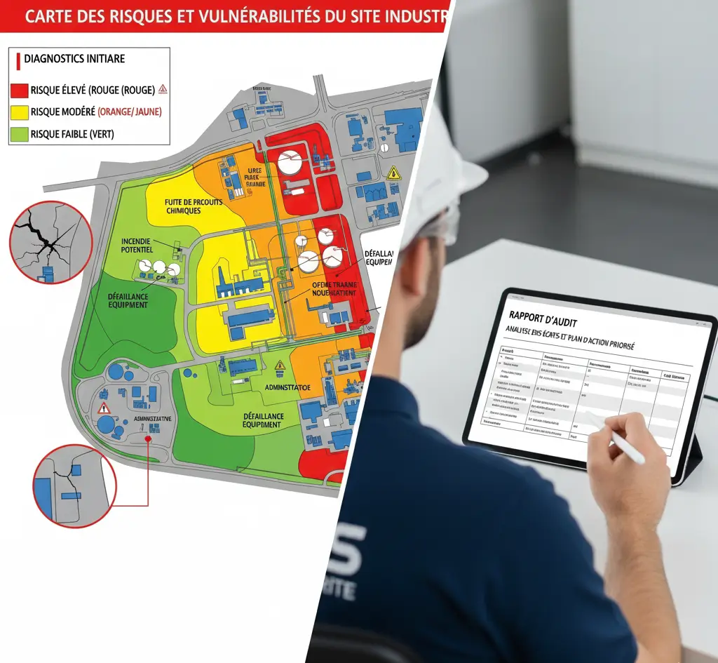 Graphique ou schéma montrant la différence entre la situation actuelle et l'objectif de sûreté idéal, illustrant l'analyse des écarts.