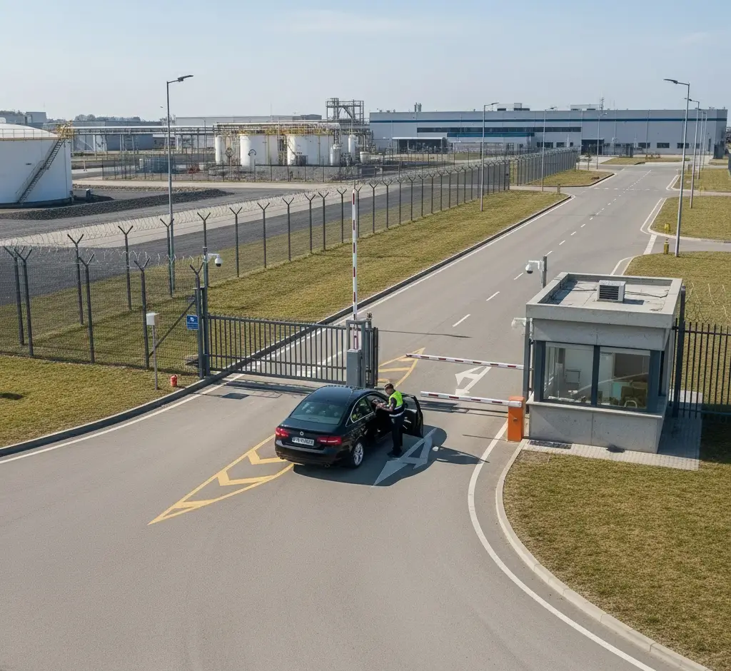 Vue d'ensemble d'un site industriel sécurisé avec des éléments de vidéosurveillance et de contrôle d'accès pour illustrer l'audit de sûreté.